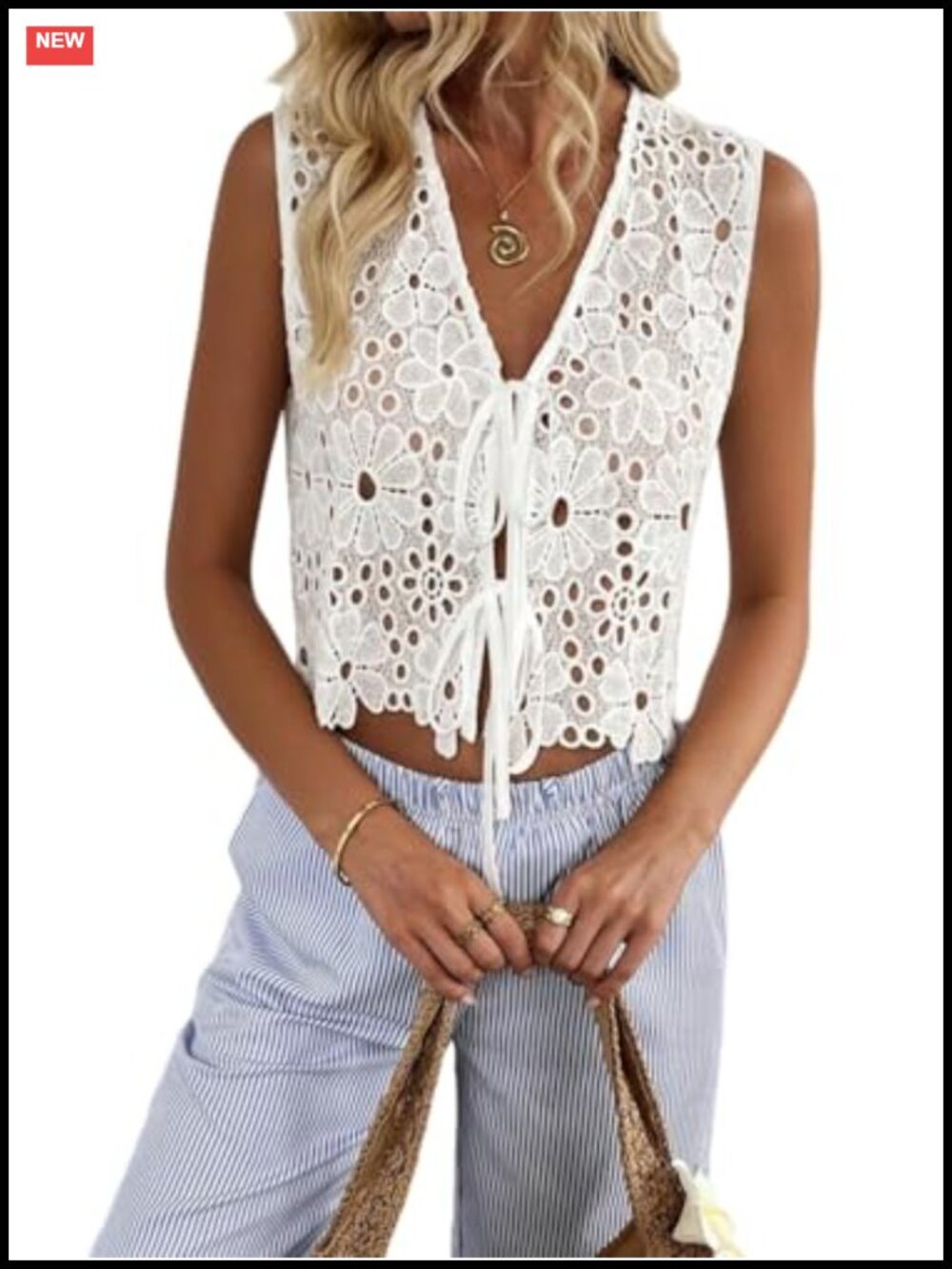 Women's Tie Front Eyelet Lace Boho Crop Tank Top Sleeveless V-Neck Summer